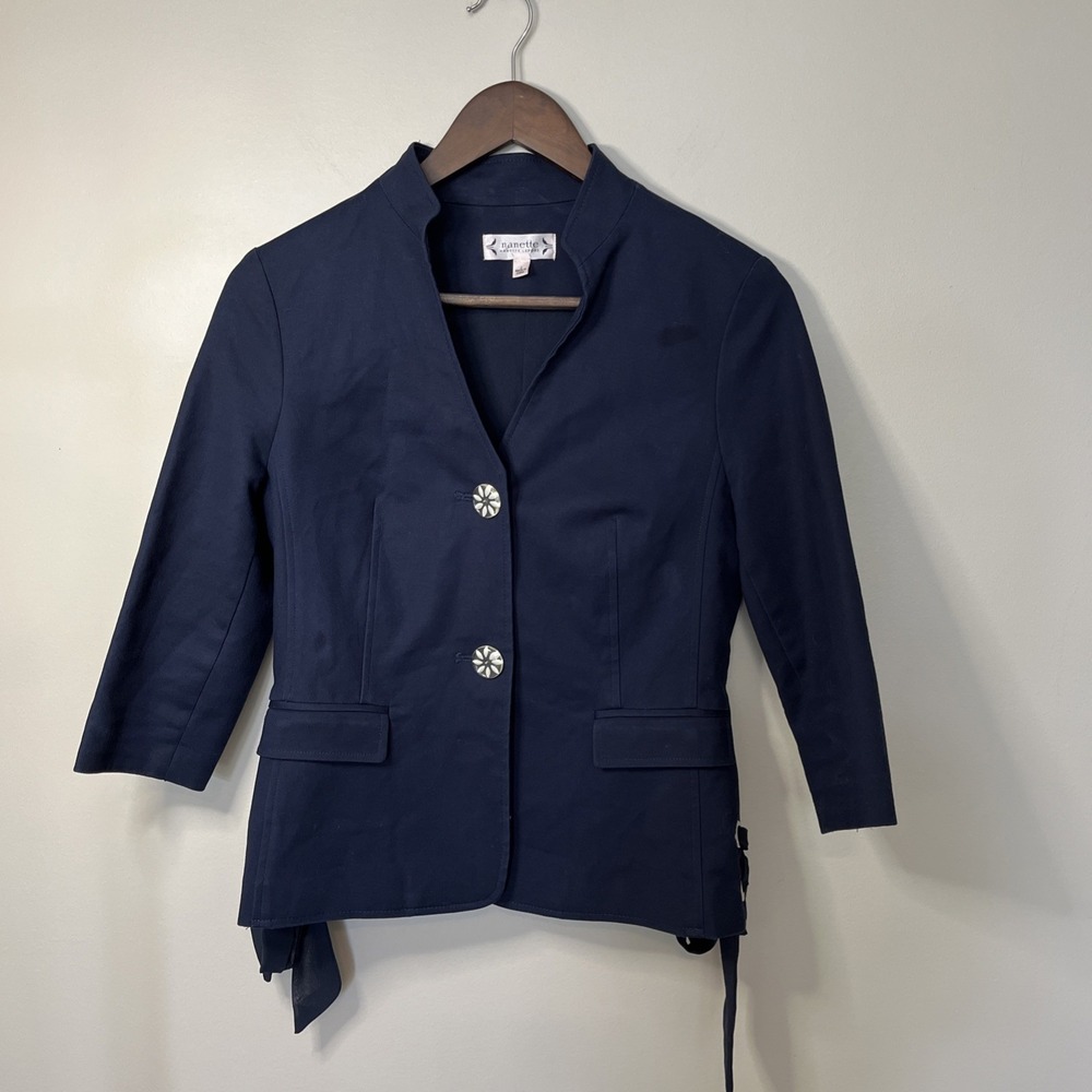 Nanette Lepore Jacket Blazer Navy Blue‎ 3/4 Sleeves Grommet Tie Accent Punk Sz 2